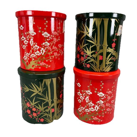 MC Other - VTG Made in Japan Tea Metal Tin Canisters Lot of 4 Green Red Bamboo Blossoms